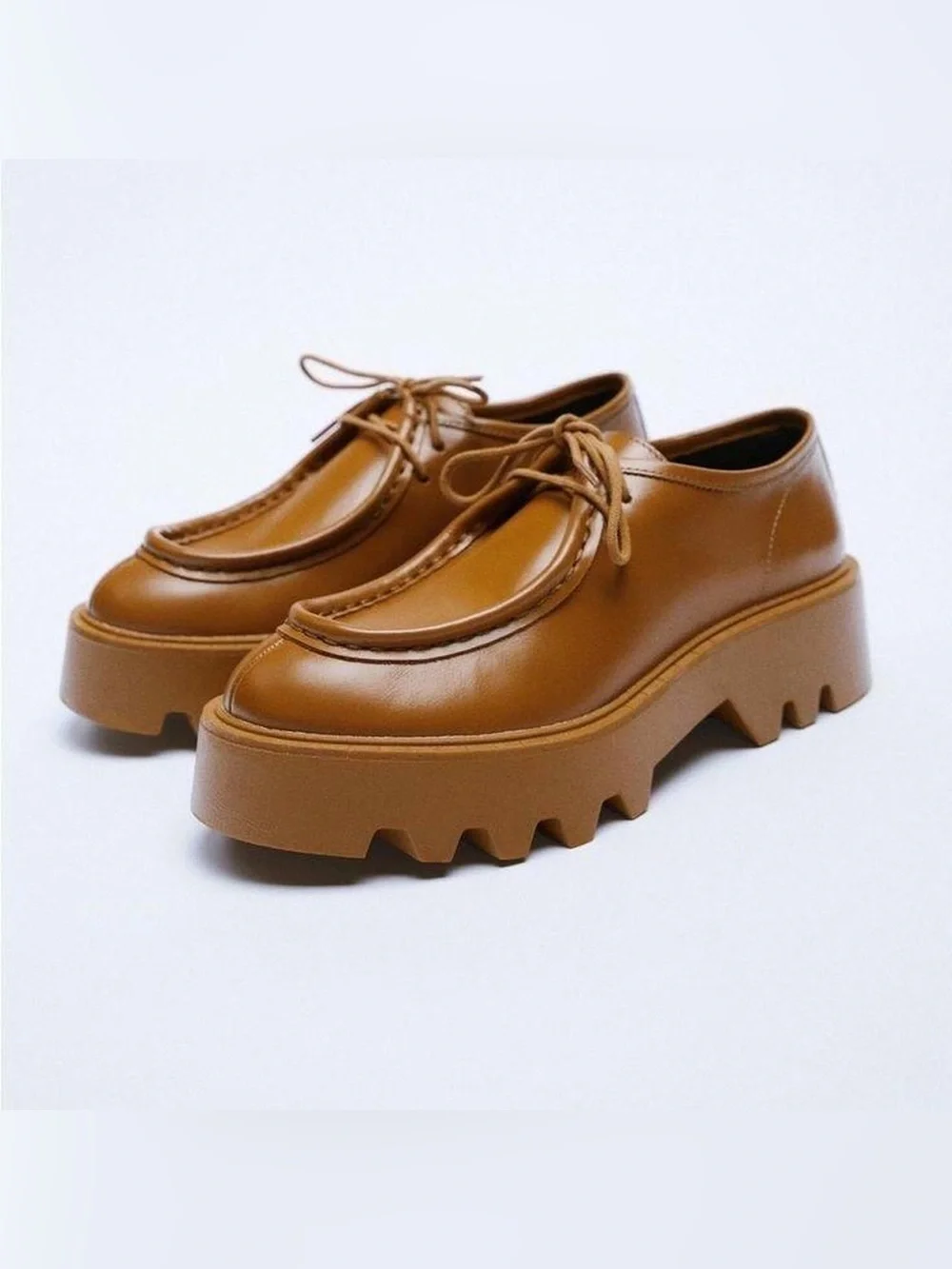 Zara Flat Platform Leather Loafers Brown Size 6 Preppy Modern Chunky